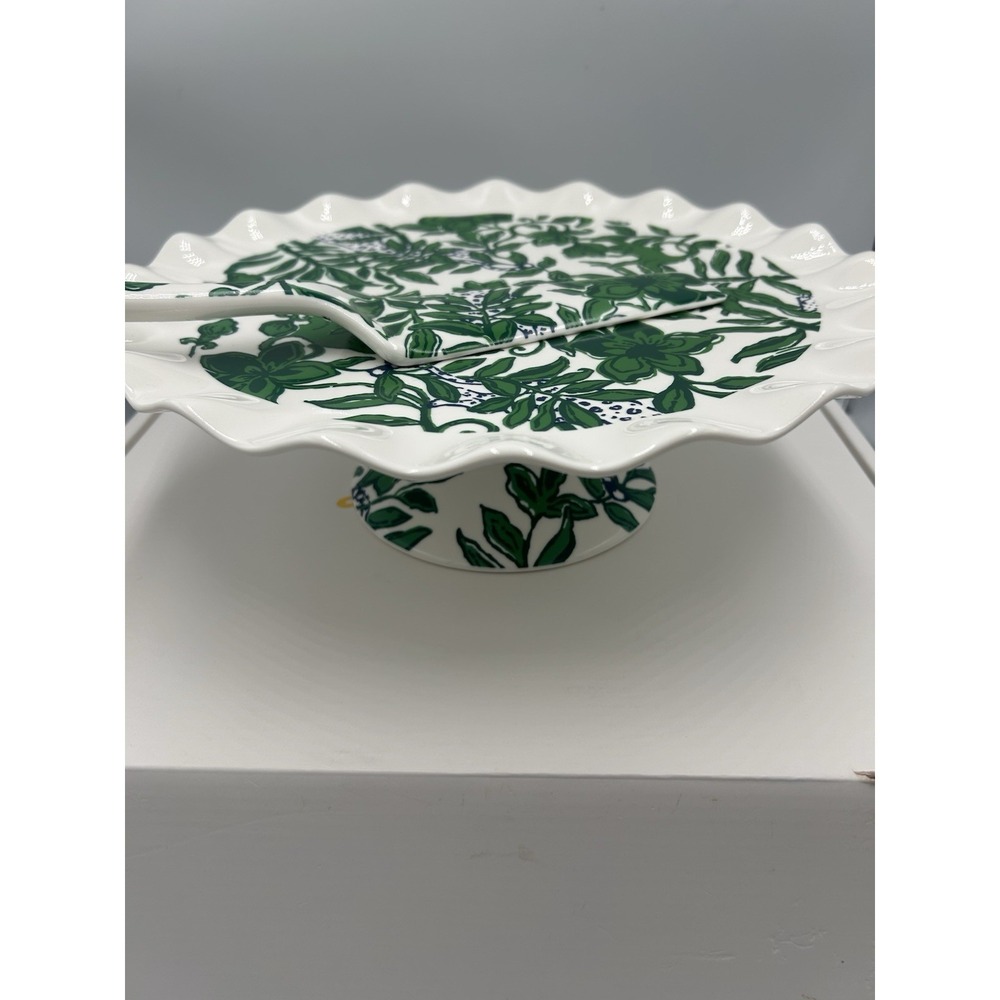Lilly Pulitzer 017521 12in Ceramic Cake Stand & Knife Set Green/White Floral - Picture 3 of 10